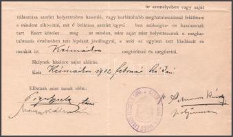 1902 Késmárk, ügyvédi meghatalmazás 1K okmánybélyeggel, "Késmárk szab. kir. város tanács pecsét...
