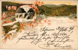 1896 Plitvicka Jezera / Plitvicei tavak. Ezredéves Országos Kiállítás. Posner / Plitvice Lakes. Hungarian Millennium Exhibition. Art Nouveau, floral, litho s: Cserna K. + barna 2 Kr. Ga. (EB)