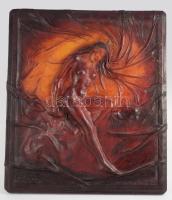 Oláh Sándor (1959-): Női akt. Bőr kép, plasztika. Jelezve balra lent a bőrképen és a hátoldalán 36x36 cm