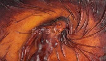 Oláh Sándor (1959-): Női akt. Bőr kép, plasztika. Jelezve balra lent a bőrképen és a hátoldalán 36x3...