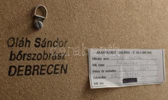 Oláh Sándor (1959-): Női akt. Bőr kép, plasztika. Jelezve balra lent a bőrképen és a hátoldalán 36x3...