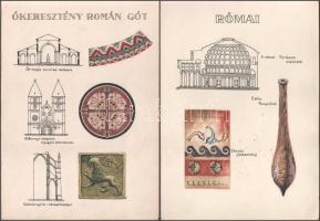 Vegyes művészeti stílusokat ábrázoló táblák, kézzel készített illusztrációk, 8p