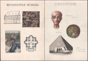 Vegyes művészeti stílusokat ábrázoló táblák, kézzel készített illusztrációk, 8p