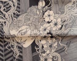 Női selyem kendő Szász Endre által tervezett mintával, jelzett, hibátlan 90x90 cm , eredeti dobozába...