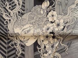 Női selyem kendő Szász Endre által tervezett mintával, jelzett, hibátlan 90x90 cm , eredeti dobozába...