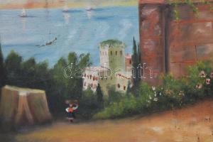 Gódy Mária jelzéssel: Vízparti táj. Olaj, vászon, kissé sérült. Dekoratív fakeretben. 50×70 cm