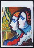 Scheiber H jelzéssel: Női páros. Vegyes technika, karton. Sérült. 57x45 cm. Üvegezett fakeretben