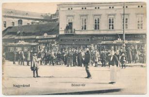 1906 Nagyvárad, Oradea; Bémer tér, villamos, Wallerstein Fülöp fiai, Jelinek Ferenc, Sonnenfeld Adolf üzlete, China ezüst gyári raktár. Helyfi László kiadása / square, tram, shops (fl)