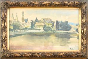 Kmetty jelzéssel: Vízparti város. Akvarell, papír. Üvegezett, kissé sérült fakeretben. 22x37cm