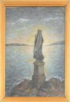 Olvashatatlan jelzéssel: Mária szobor a tóparton. Olaj, papír, üvegezett kopott fakeretben, 36x27cm