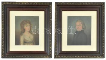 Ismeretlen XVIII-XIX. sz magyar festő. Házaspár portréja. Két db. Olaj, vászon, jelzés nélkül. Dublí...