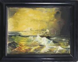 Jelzés nélkül: Hajó a tengeren. Olaj, karton. Kissé sérült. 47,5x63 cm. Dekoratív, sérült fakeretben