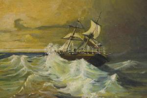 Jelzés nélkül: Hajó a tengeren. Olaj, karton. Kissé sérült. 47,5x63 cm. Dekoratív, sérült fakeretben