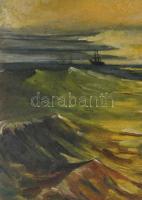 Jelzés nélkül: Hajó a tengeren. Olaj, karton. Kissé sérült. 47,5x63 cm. Dekoratív, sérült fakeretben