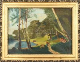 Pákh jelzéssel: Tehenek a vízparton. Olaj, vászon. Dekoratív fa keretben, 30×41 cm