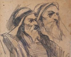 Munkácsy jelzéssel: Alakok. Ceruza, papír. Szélén javított. 25,5x19,5 cm. Üvegezett fakeretben