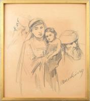 Munkácsy jelzéssel: Alakok. Ceruza, papír. Kissé foltos. 30,5x27,5 cm. Fakeretben.