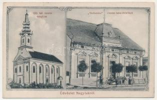 1912 Nagylak, Nadlac; Görög keleti román templom, Nadlacana román takarékintézet. Schillinger Jolán kiadása / Greek Orthodox church, Romanian savings bank. Art Nouveau (EK)