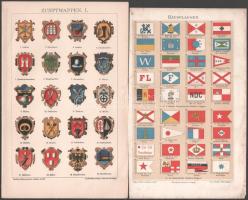 cca 1900 Céhcímerek és hajózási társaságok zászlói, 2 db színes melléklet a Meyers, illetve a Brockhaus Konversations-Lexikonból, részben kissé foltos, 25x16 cm és 24x15 cm