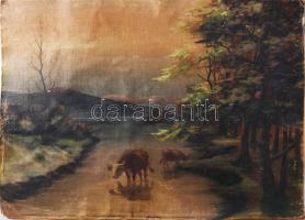 Mille jelzéssel: Tehenek. Olaj, vászon, kartonon. Sérült. 45x56,5 cm.