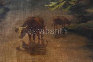 Mille jelzéssel: Tehenek. Olaj, vászon, kartonon. Sérült. 45x56,5 cm