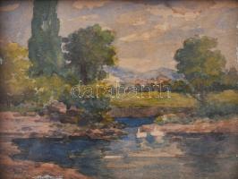 Szentpály jelzéssel: Vízparti táj. Akvarell, papír. Dekoratív, üvegezett fakeretben. 11,5x14,5 cm.