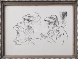 Vaszary János (1867-1939): Női alakok. Ofszet, papír, jelzés nélkül. Dekoratív, üvegezett fakeretben. 30x42 cm