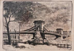 Baranszky Emil László (1877-1941): A Széchenyi-híd (Lánchíd). Rézkarc, papír, jelzett, üvegezett fakeretben, 8×11,5 cm