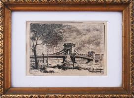 Baranszky Emil László (1877-1941): A Széchenyi-híd (Lánchíd). Rézkarc, papír, jelzett, üvegezett fak...