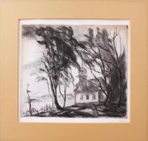 Szőnyi István (1894-1960): Dunapart. Rézkarc, papír, jelzett, elszíneződésekkel. Paszpartuban, 20×24...