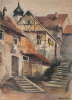 Mészáros E jelzéssel: Kisváros. Akvarell, papír, jelzett, elszíneződésekkel. Dekoratív, üvegezett fakeretben. 29,5×21,5 cm