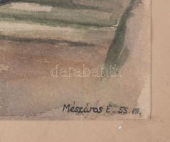 Mészáros E jelzéssel: Kisváros. Akvarell, papír, jelzett, elszíneződésekkel. Dekoratív, üvegezett fa...
