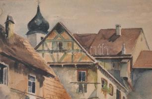 Mészáros E jelzéssel: Kisváros. Akvarell, papír, jelzett, elszíneződésekkel. Dekoratív, üvegezett fa...