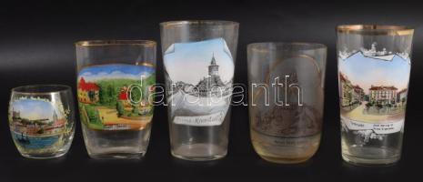 5 darab antik emlékpohár magyar városokból: Brassó, Temesvár, Borszék, Kolozsvár, Pozsony. Kopott aranyozással, m: 12 cm alatt, ritka darabok!