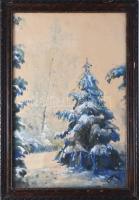 Olvashatatlan jelzéssel: Téli táj. Akvarell, papír. Ázásnyommal. Üvegezett, dekoratív, kissé sérült fakeretben, 56×36 cm