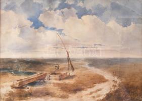 Jelzés nélkül: Alföldi táj. Akvarell, papír. Üvegezett, dekoratív, kissé kopott fakeretben, 19,5×27,5 cm