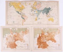 cca 1900 3 db térkép-melléklet a Brockhaus Konversations-Lexikonból: Währungskarte der Erde (a Föld valutatérképe), Verbreitung einiger wichtigen Infektionskrankheiten im Deutschen Reiche in den Jahren 1892 und 1893 I-II. (fertőző betegségek terjedése a Német Birodalomban 1892-ben és 1893-ban), 25x54,5 cm és 25x30,5 cm