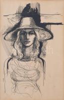 Jelzés nélkül: Kalapos lány. Tus, papír. Dekoratív, üvegezett fakeretben. 28×17,5 cm
