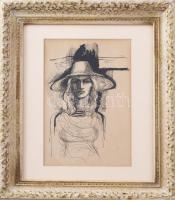 Jelzés nélkül: Kalapos lány. Tus, papír. Dekoratív, üvegezett fakeretben. 28×17,5 cm