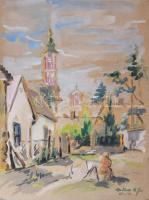 Mikes István József (1936-1983): Festő az udvaron, 1960-as évek. Akvarell, karton. Jelzett. 35×27 cm