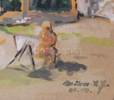 Mikes István József (1936-1983): Festő az udvaron, 1960-as évek. Akvarell, karton. Jelzett. 35×27 cm