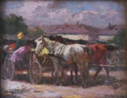 Pállya Celesztin (1864-1948): Piac lóval. Olaj, falemez, jelzett. Hátoldalán Hoffmann budapesti képszalon raglapjával. Dekoratív, korabeli fakeretben, 12,5x16 cm