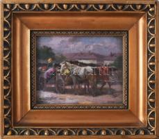 Pállya Celesztin (1864-1948): Piac lóval. Olaj, falemez, jelzett. Hátoldalán Hoffmann budapesti képs...