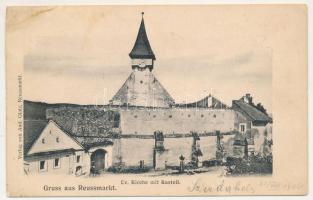 1906 Szerdahely, Miercurea Sibiului, Mercurea, Merkurea, Mercuria, Reussmarkt; Ev. Kirche mit Kastell / Evangélikus templom és várkastély. Andreas Glatz kiadása / Lutheran church and castle (r)
