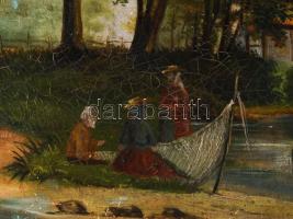 Jelzés nélkül, feltehetően német vagy észak-európai festő: Halászok vitorlással, 1877. Olaj, vászon....