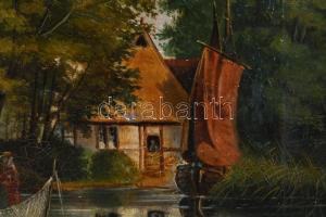 Jelzés nélkül, feltehetően német vagy észak-európai festő: Halászok vitorlással, 1877. Olaj, vászon....