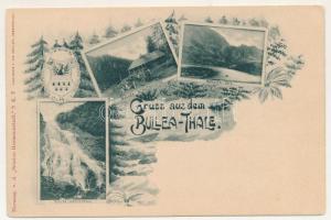 Fogarasi-havasok (Fogarasi Kárpátok), Fogarascher Karpathen, Muntii Fagarasului; Bullea-Thale, Bullea Wasserfall, Schutzhüztte, Bullea See, Siebenbürgischer Karpatenverein / Bilea-tó, menedékház, vízesés, címer / chalet, tourist house, lake, waterfall. "Sektion Hermannstadt" S K. V Lichtdruck V. Jos Drotleff. Art Nouveau, floral (EK)