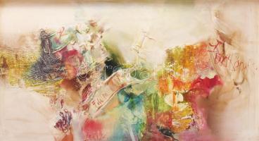 Kiss Elek (1938-1995): Gesztusok (cím nélkül), 1992. Olaj, vegyes technika, farost. Jelezve középen lent (Lexi 92). Kiss Elek autográf ajándékozási soraival (Jankának). Fakeretben. 45,5x83,5 cm. KIZÁRÓLAG SZEMÉLYES ÁTVÉTEL, NEM POSTÁZZUK / ONLY PERSONAL COLLECTION IN OUR OFFICE!