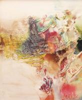 Kiss Elek (1938-1995): Gesztusok (cím nélkül), 1992. Olaj, vegyes technika, farost. Jelezve középen ...