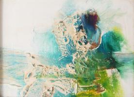 Kiss Elek (1938-1995): Gesztusok (cím nélkül), 1992. Olaj, vegyes technika, farost. Jelezve balra középen (KE 92). Fakeretben. 30x40 cm.